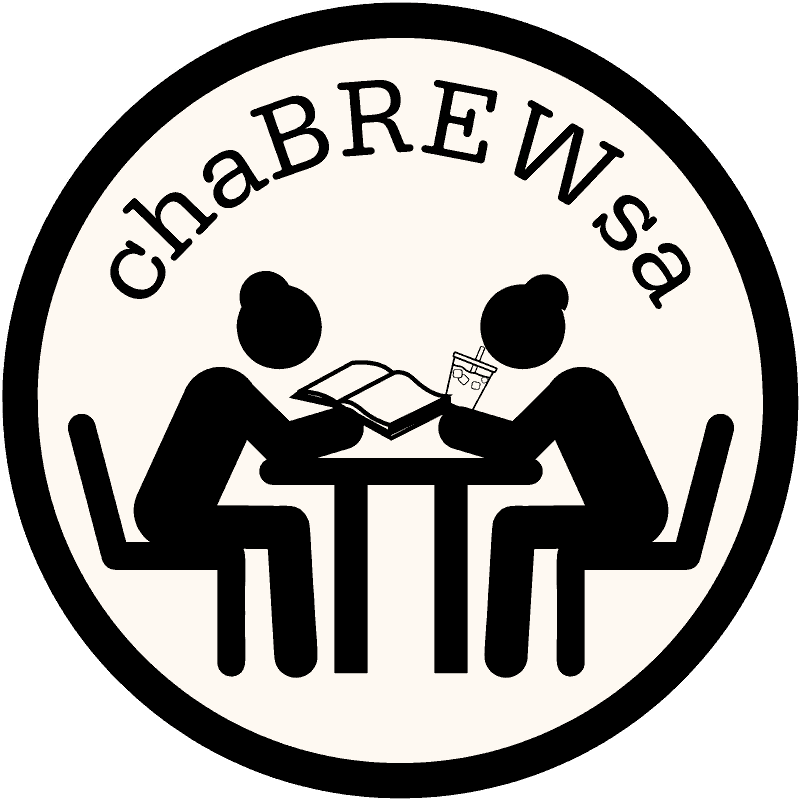 chaBREWsa logo: two people sharing a table with a book and an iced coffee